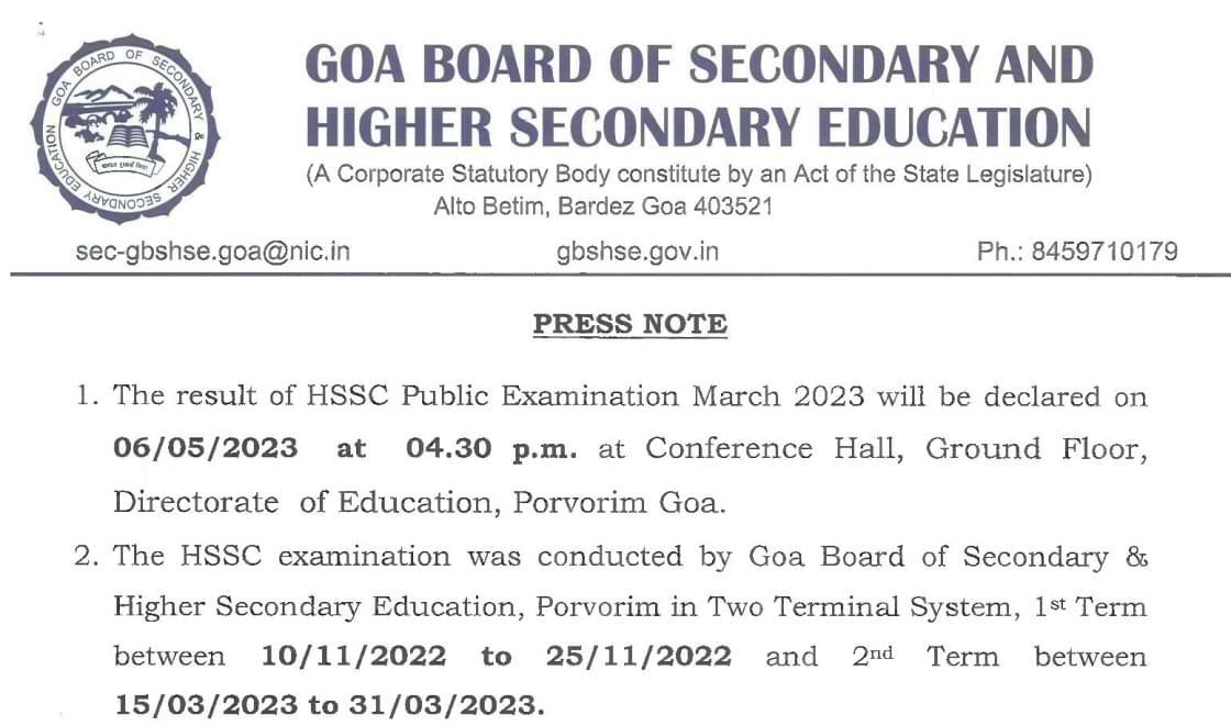 Goa Board HSSC Result 2023