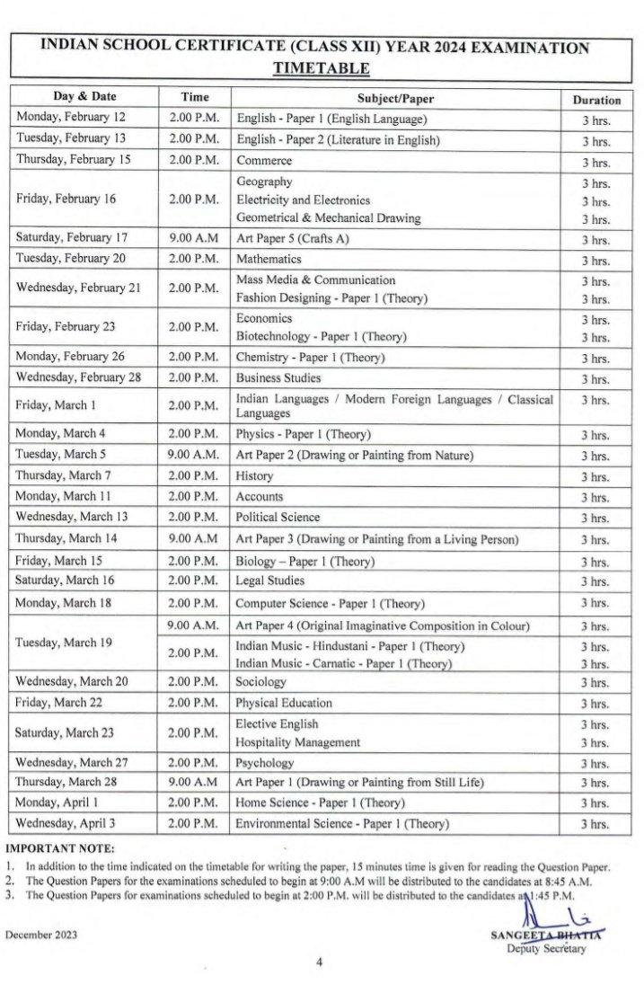 ISC Date Sheet 2024