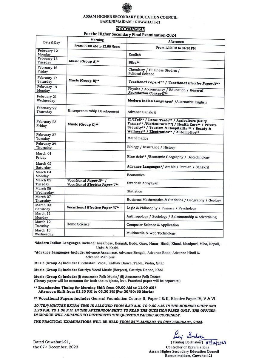 Assam HS Routine 2024