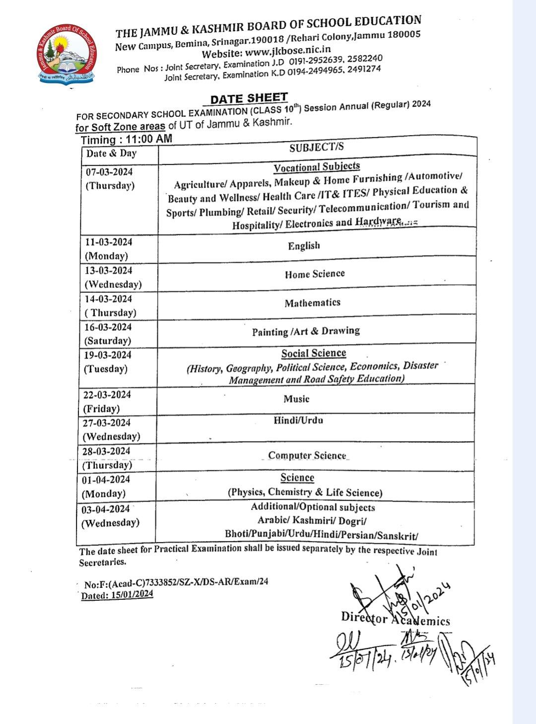 JKBOSE Class 10 Date Sheet 2024