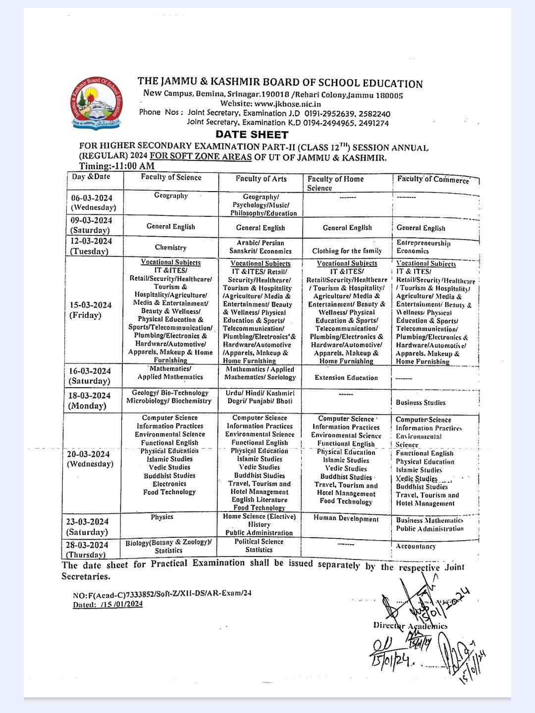 JKBOSE Class 12 Date Sheet 2024