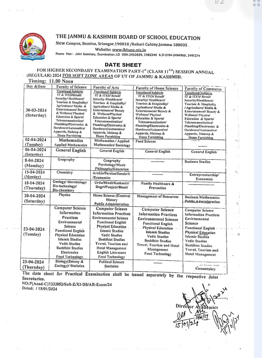 JKBOSE Class 11 Date Sheet 2024