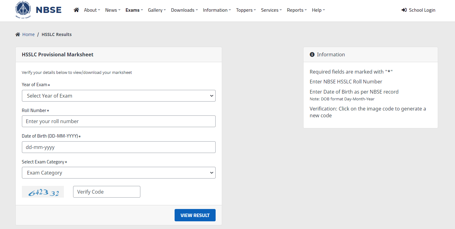 NBSE HSSLC Result 2024 Login Page