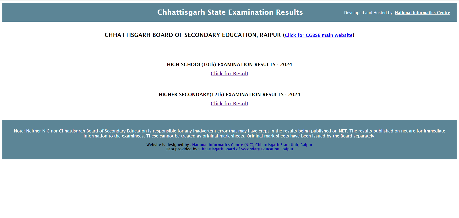 CGBSE common Result window 2024