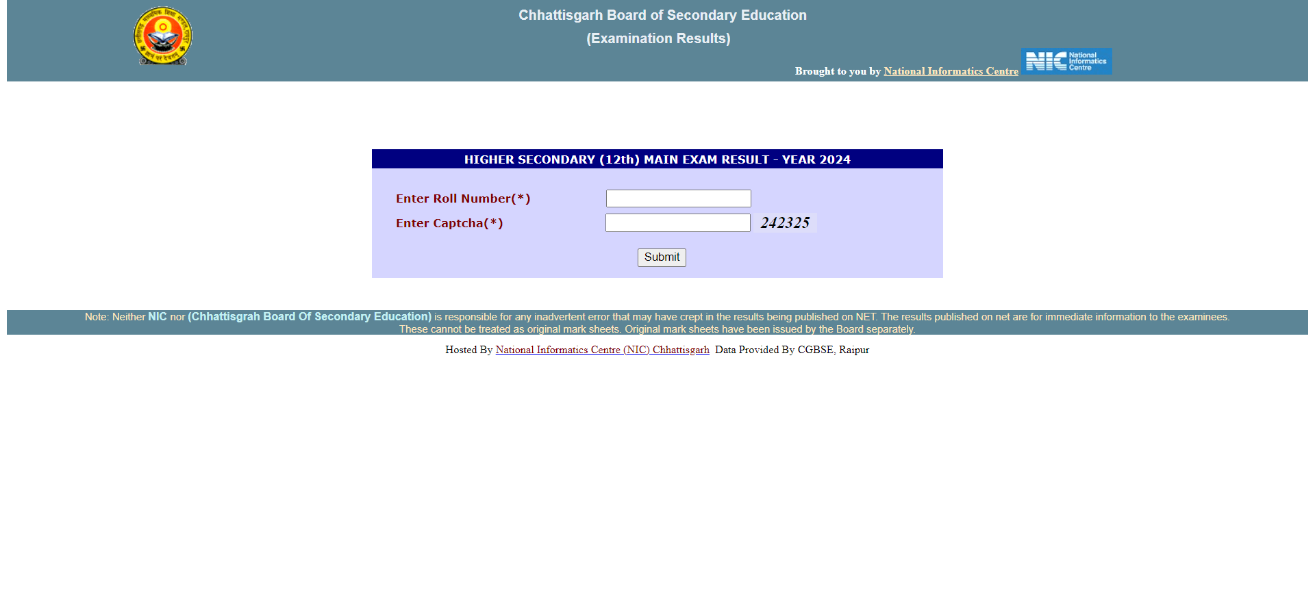 CGBSE 12th Result login window 2024