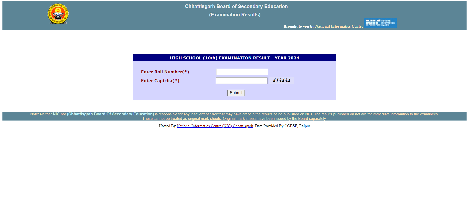 CGBSE 10th Result login window 2024