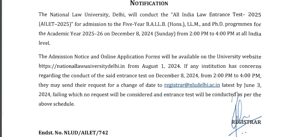 AILET 2025 Exam Date Notification