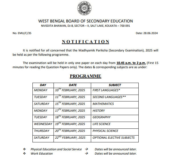 Madhyamik Routine 2025