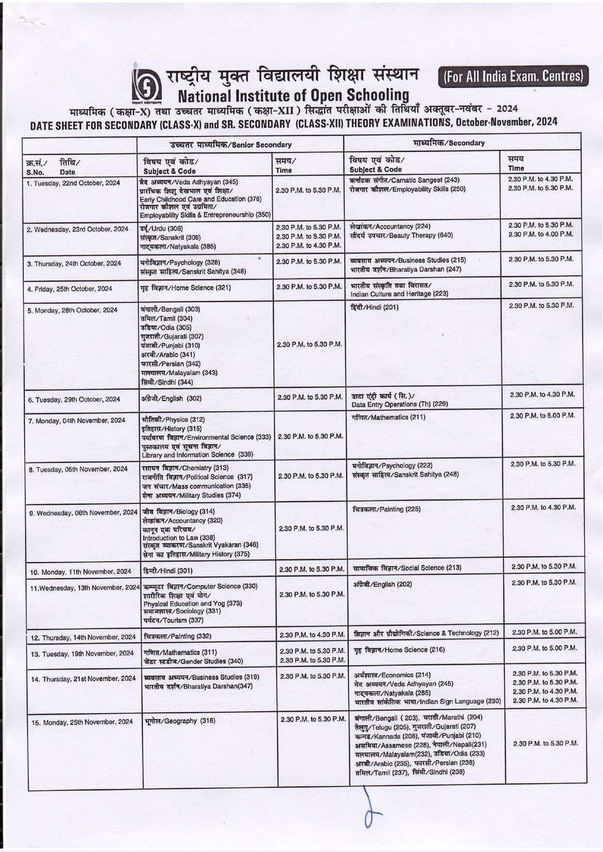 NIOS Theory Exam date 2024 