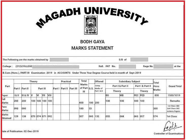 Magadh University Result Marksheet