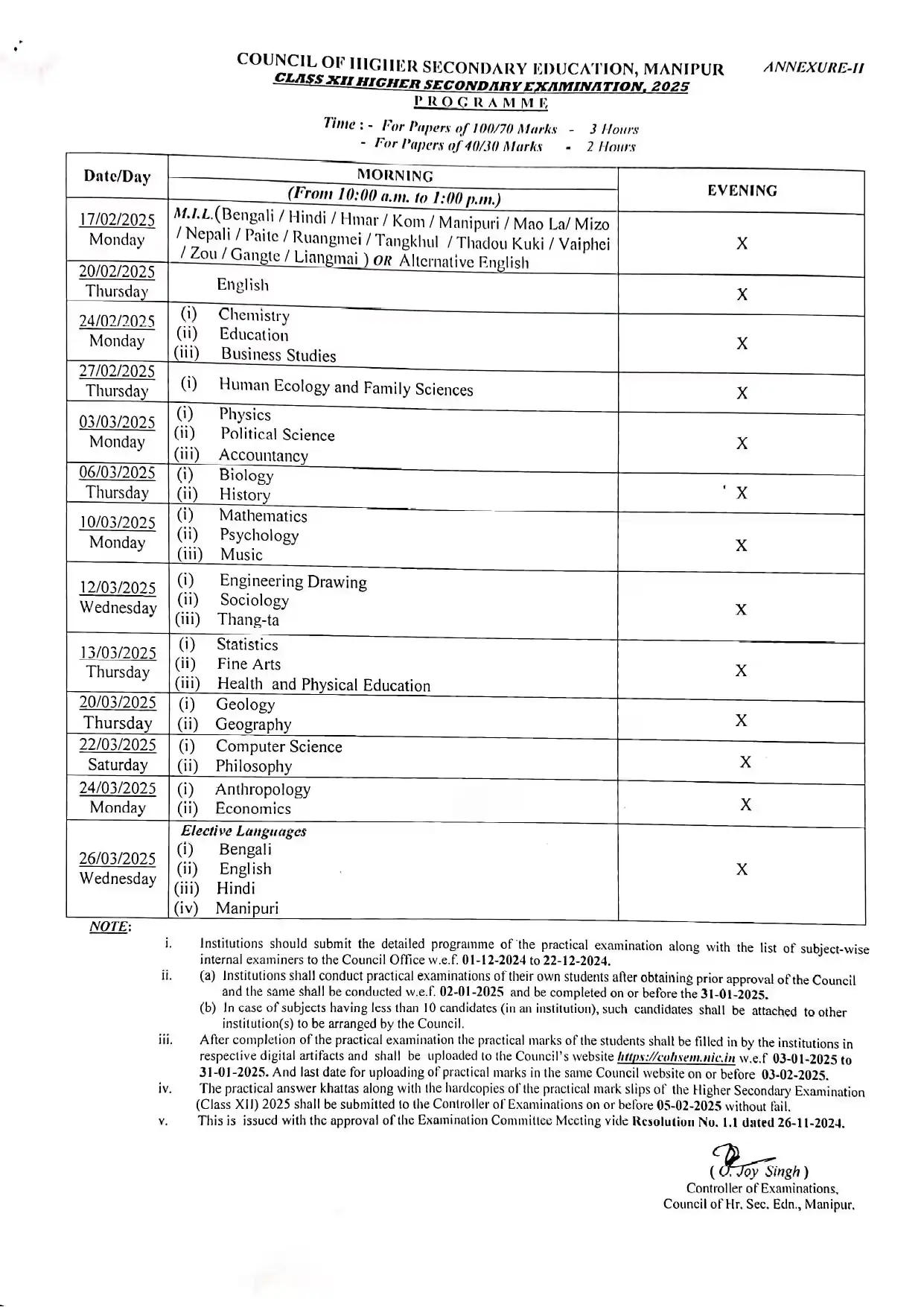 Manipur Board Class 12 Date Sheet 2025