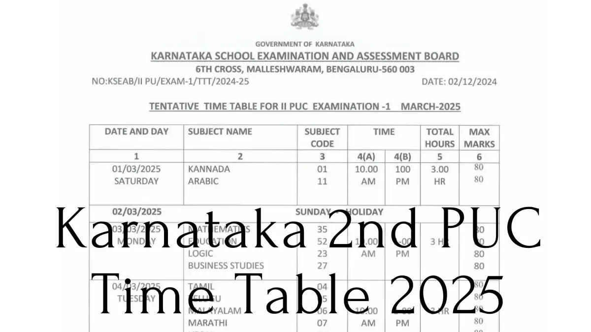 Karnataka 2nd PUC Time Table 2025