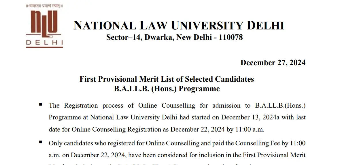 AILET 2025 First Merit List Announced at nationallawuniversitydelhi.in