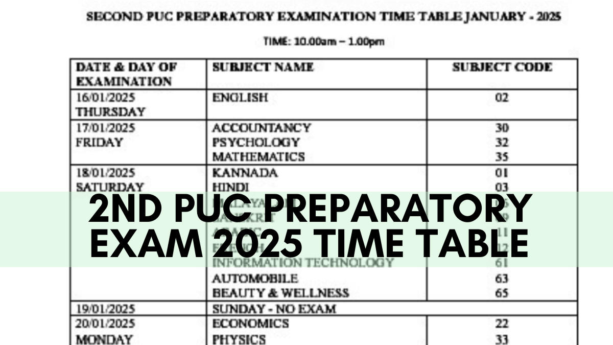 2nd PUC Preparatory Exam 2025 Time Table Pdf