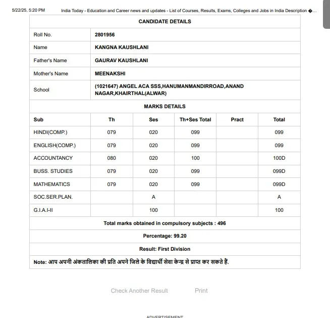 Rajasthan Board Class 12th Toppers List 2025 Marksheet Commerce