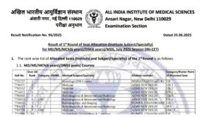 AIIMS INI CET 1st Seat Allotment Result 2025