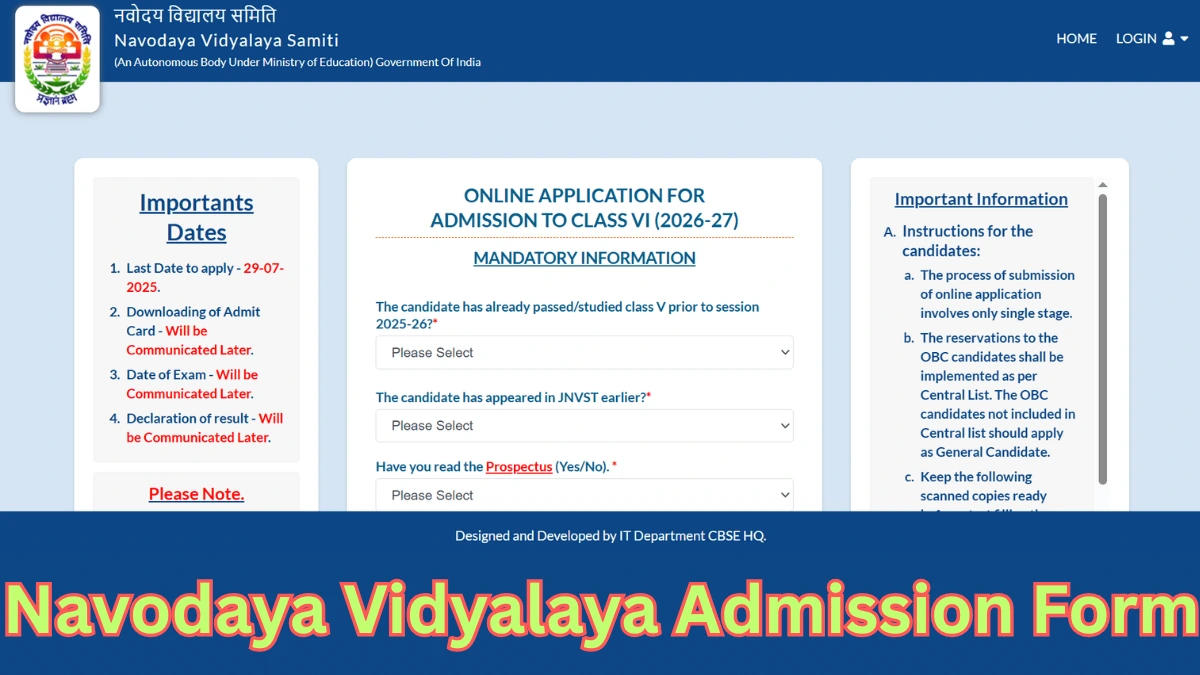 Jawahar Navodaya Vidyalaya Admission Form 2026-27