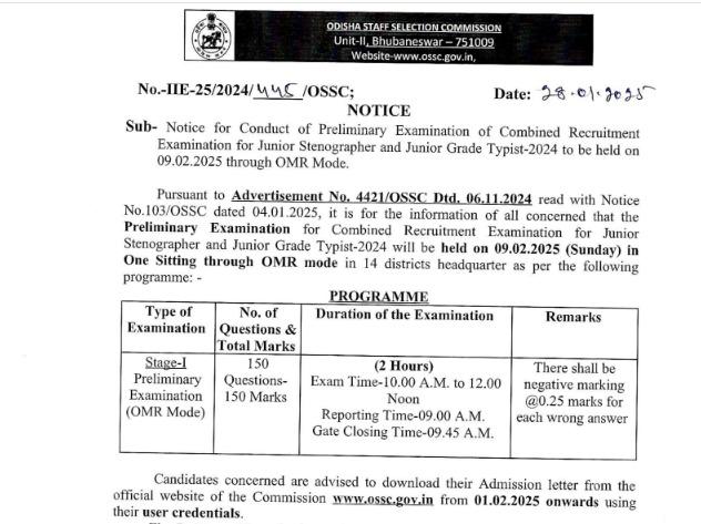 OSSC Odisha Junior Stenographer 2025