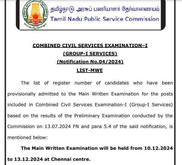 TNPSC Group 1 Mains Exam Date 2024 Out, CCSE Group 1 Exam Schedule, Hall Ticket_3.1