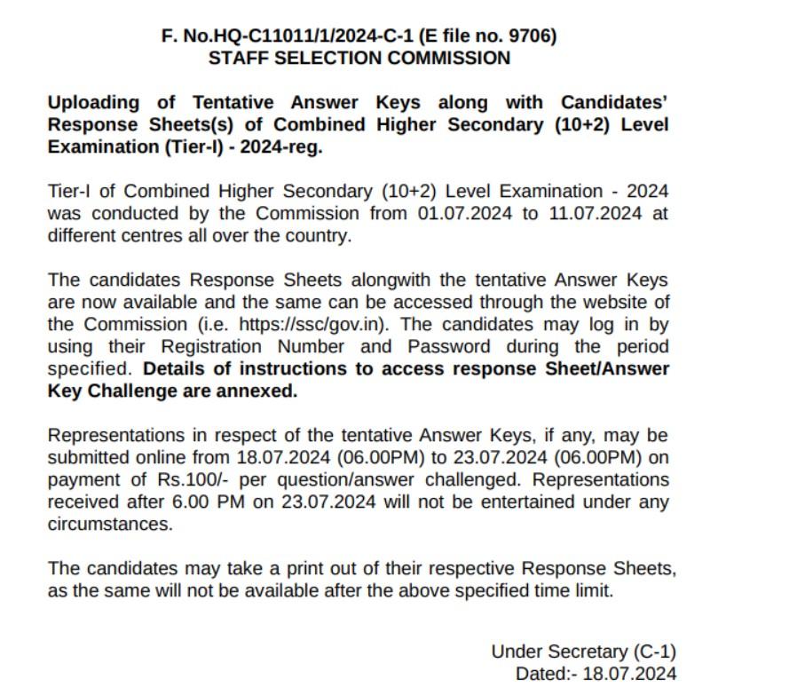 ssc chsl answer key 2024 official notice