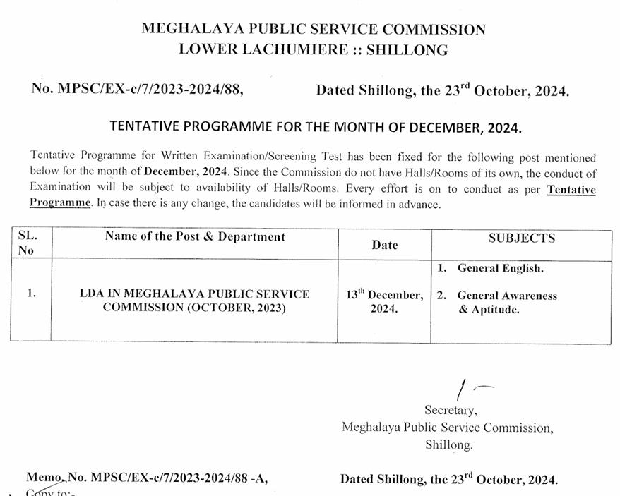 Meghalaya PSC LDA Exam Date 2024