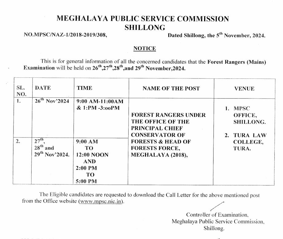 Meghalaya PSC Forest Ranger Mains Exam Date 2024 Out_3.1