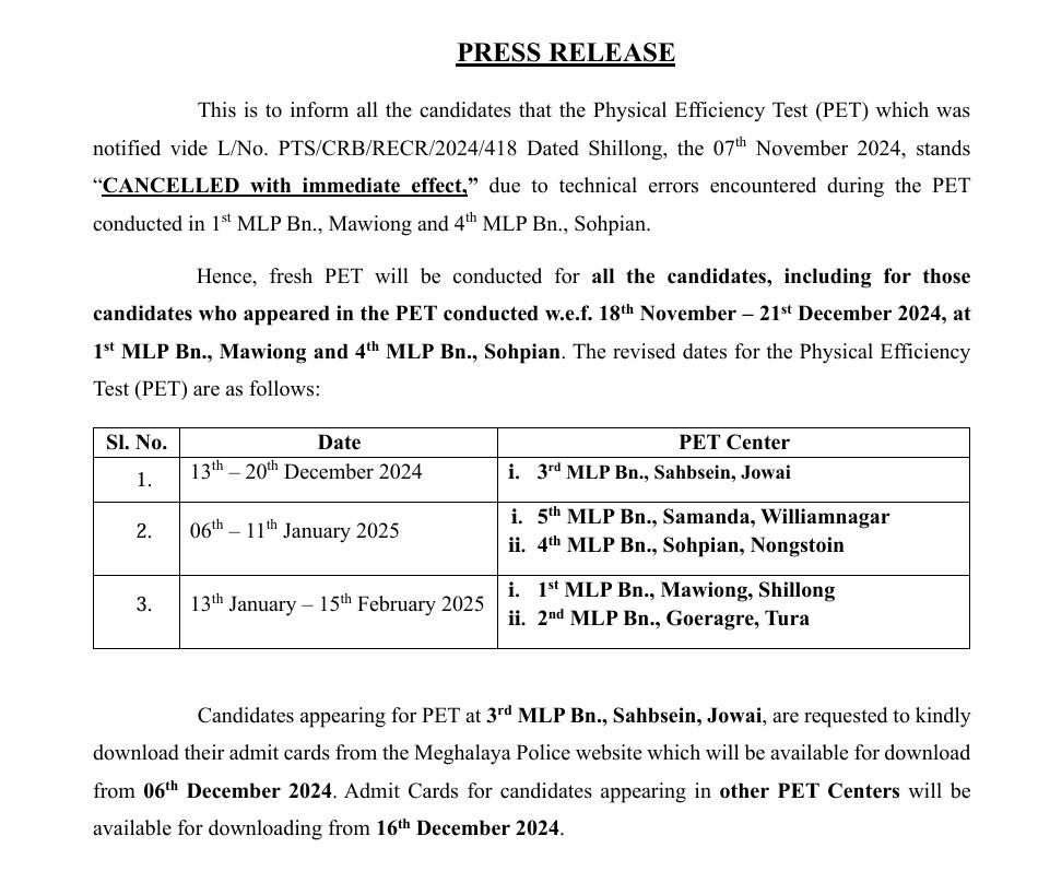 Meghalaya Police PET Admit Card 2024 Out, Check Latest PET Schedule_3.1