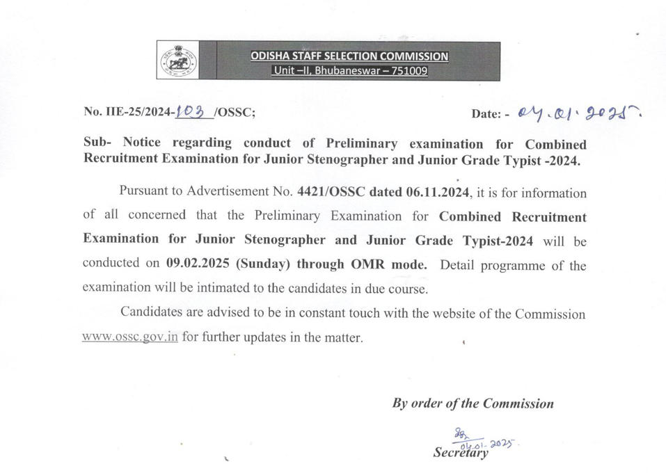 OSSC Odisha Junior Stenographer Exam Date 2025