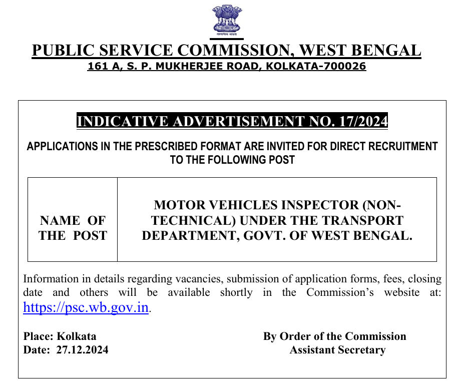 WBPSC Motor Vehicle Inspector Recruitment 2025, Online Form, Eligibility, Salary_3.1