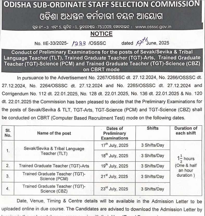 OSSSC Sevak Sevika Exam Date 2025