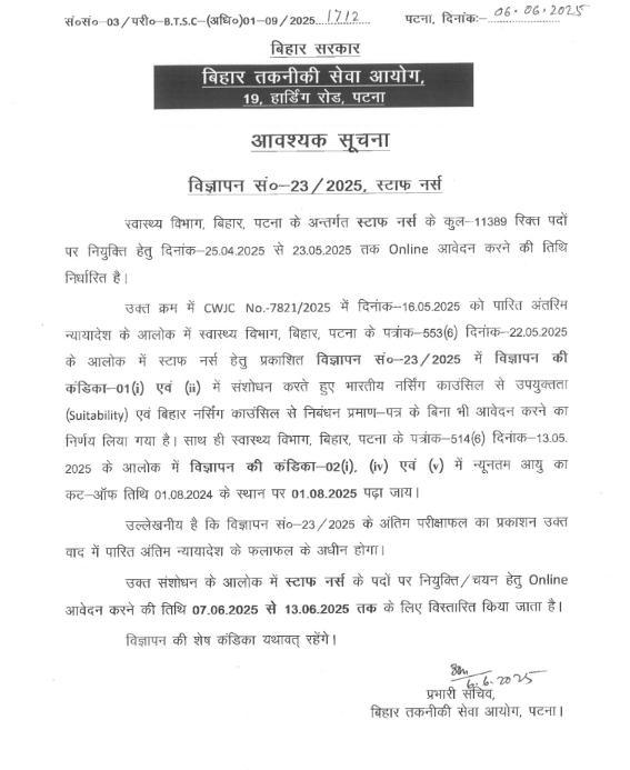 BTSC Staff Nurse New Notice