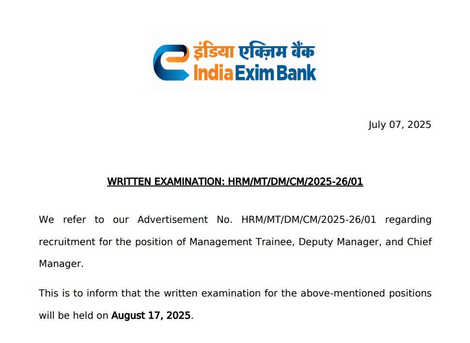 Exim Bank Exam Date 2025