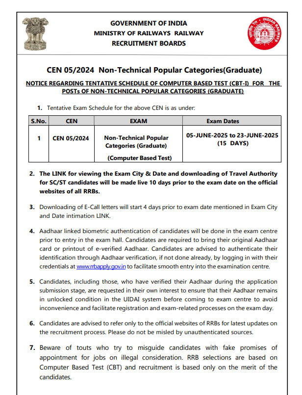 RRB NTPC Exam Date 2025 Out (Graduate Level), CBT 1 Exam Schedule and Timing_4.1