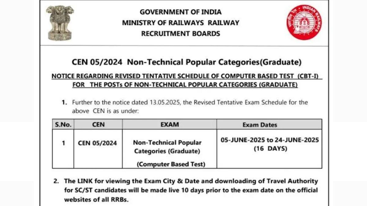 RRB NTPC Graduate Level Exam Date 2025