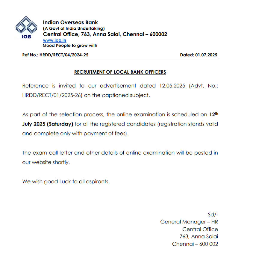 IOB LBO Exam Date 2025 Out, Local Bank Officer Exam Schedule_4.1