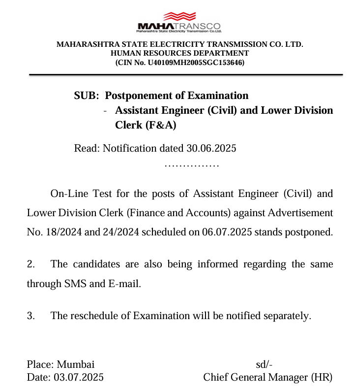 MAHATRANSCO LDC Exam 2025 Postponed