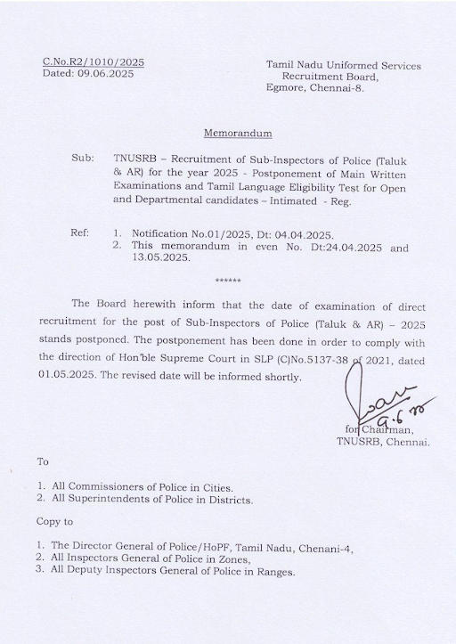 TNSURB SI Exam Postponed