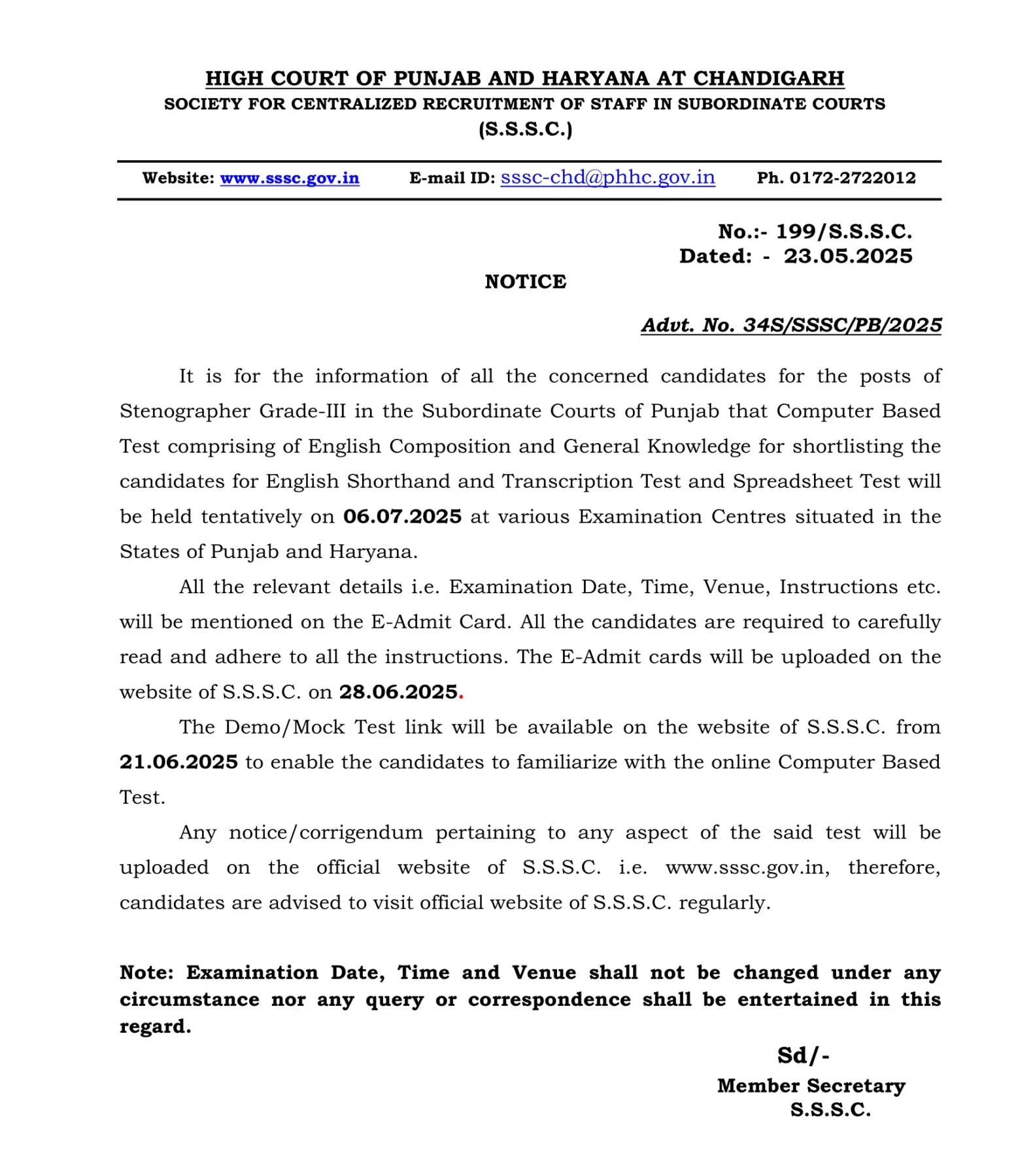 Punjab And Haryana High Court Stenographer Admit Card 2025 Out, Download PDF_4.1