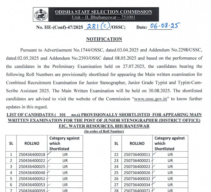 OSSC Odisha Junior Stenographer Exam Date 2025 Revised