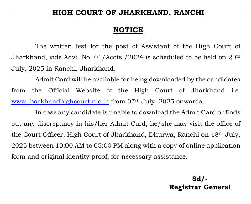 Jharkhand High Court Assistant Admit Card 2025 Out