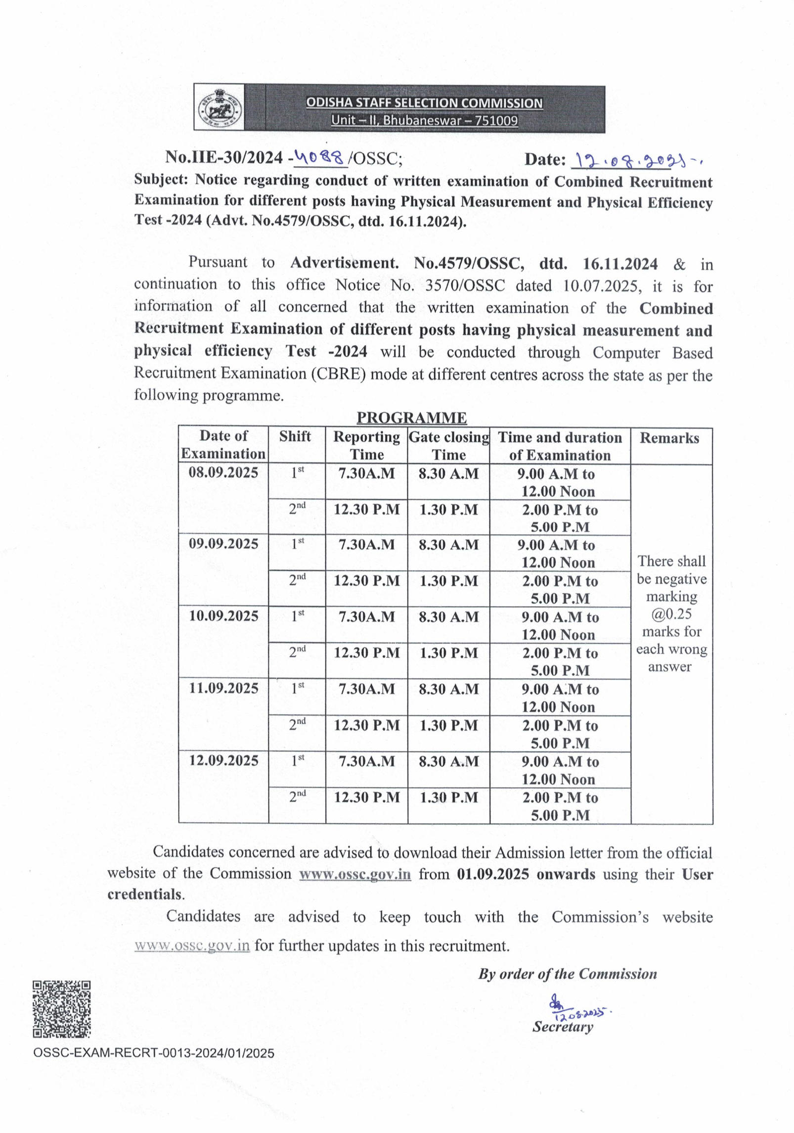 OSSC Excise SI Admit Card 2025