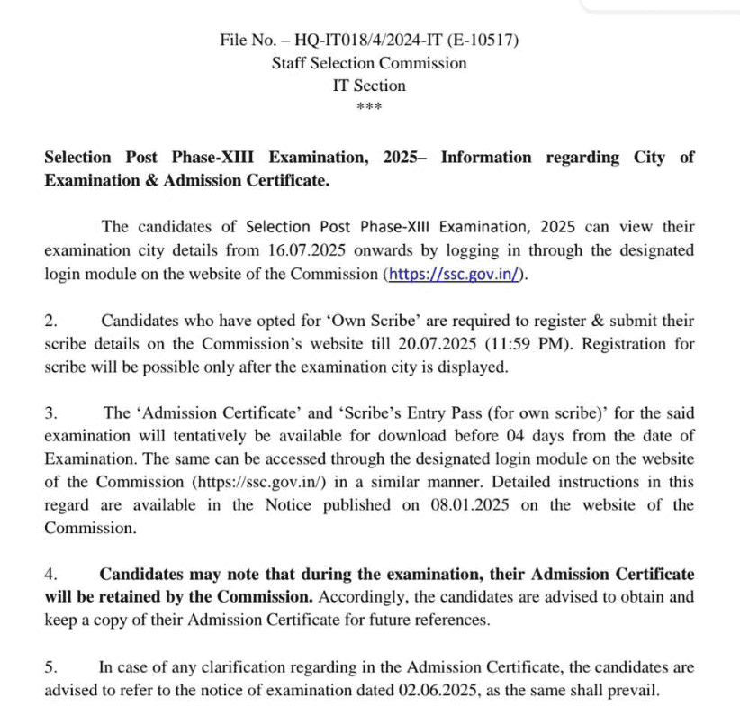 SSC Selection Post Phase 13 City Intimation 2025 Out, Exam Date and City Check_4.1