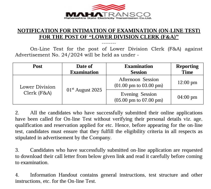 MAHATRANSCO LDC Exam Date 2025