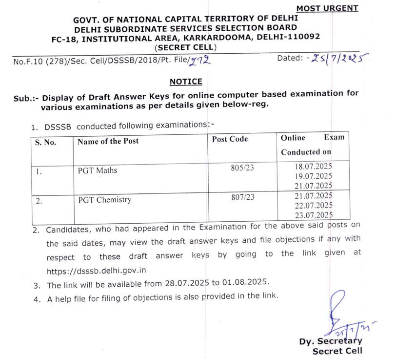 DSSSB Answer Key 2025 Out