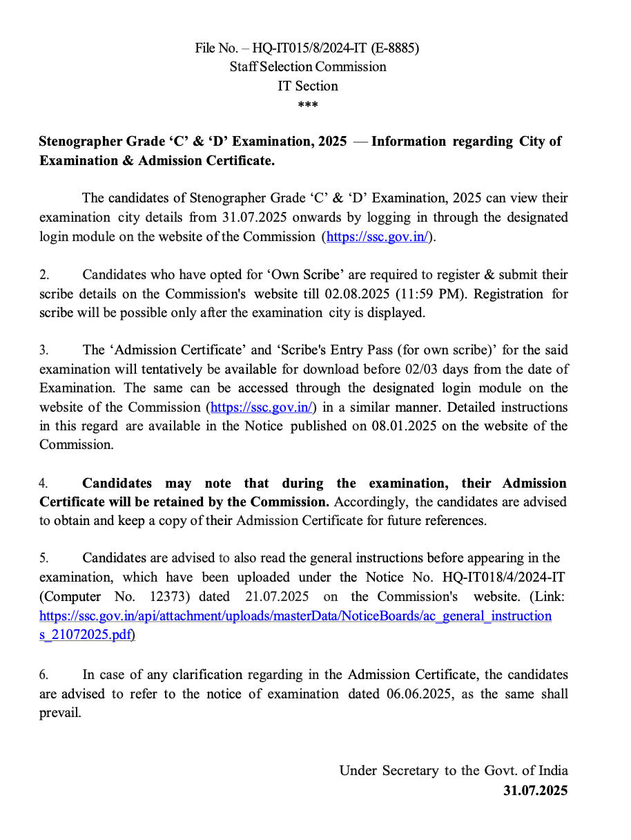 SSC Stenographer City Intimation Slip 2025 Out, Check Exam City and Date_4.1