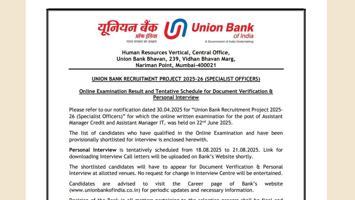 Union Bank SO Result 2025