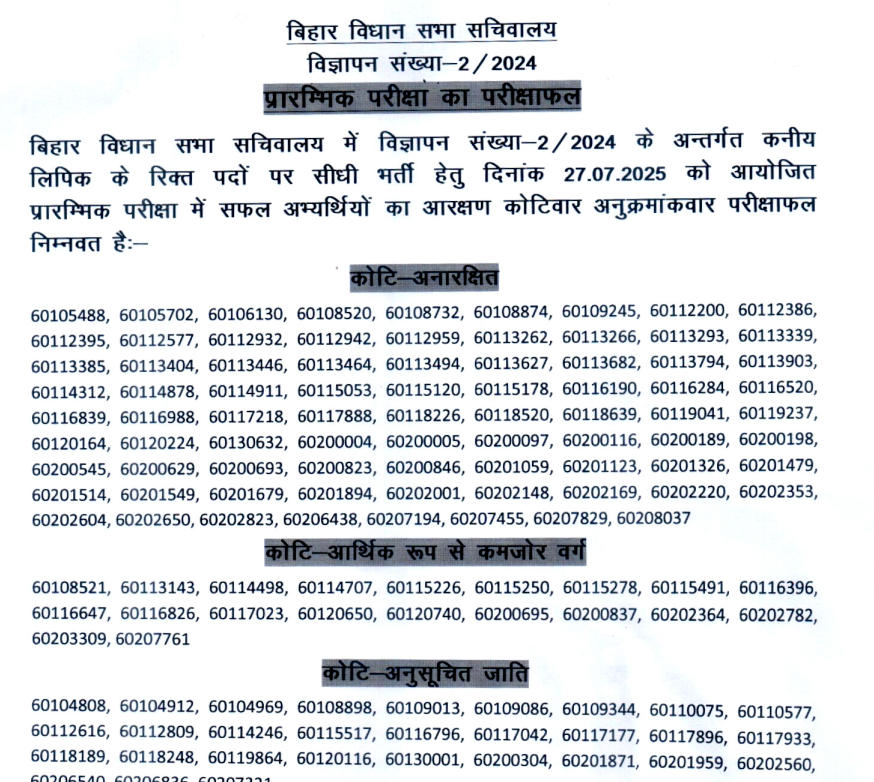 Bihar Vidhan Sabha Junior Clerk result 2025