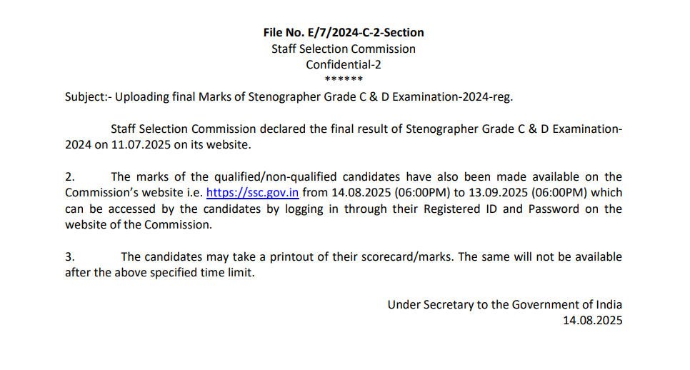 SSC Stenographer Score Card 2025 Out, Check Marks for Grade C and D Exam_5.1