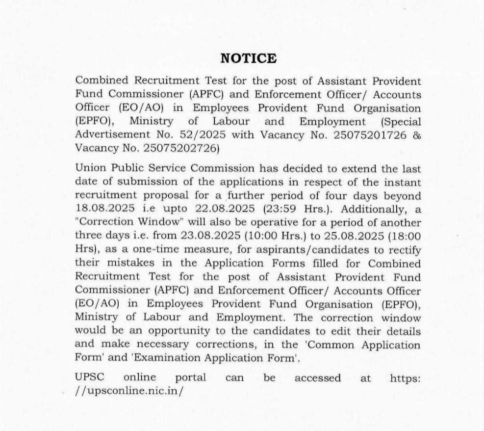 UPSC EPFO Apply Online 2025 Extended, Last Date is 22nd August_4.1