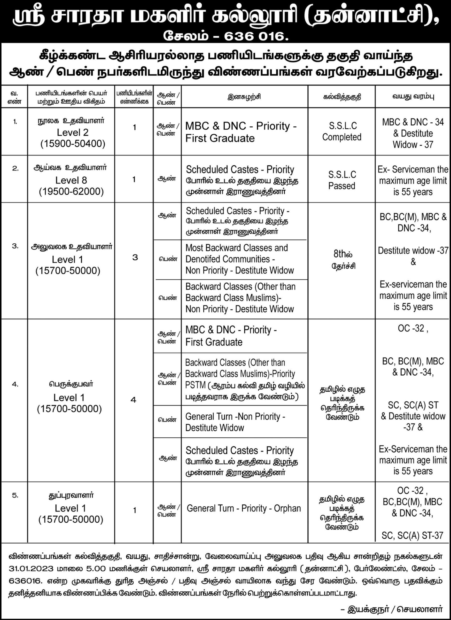 Salem Sarada College Official Notification